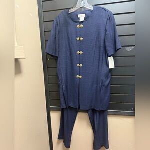 NWT Worthington Essentials Navy Blue Pant Suit Set Gold Button Hook-Eye Closure